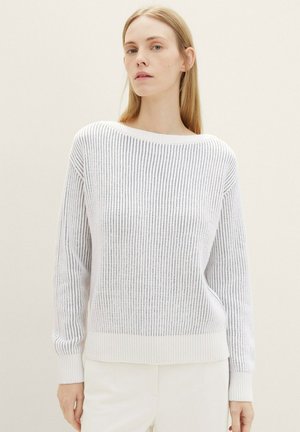 White knit sweater with vertical gray stripes, wide boat neckline, long sleeves, and ribbed cuffs. Smooth texture and loose fit.