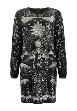 Black sequined dress featuring intricate silver embellishments depicting celestial designs, with long sleeves and a round neckline.