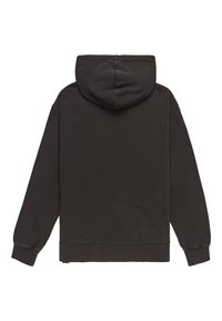 Black hooded sweatshirt with a soft texture, ribbed cuffs and hem, and a kangaroo pocket; plain with no visible graphics or accents.