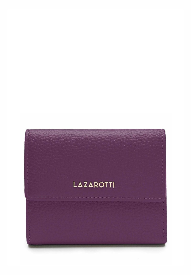 Portafoglio in pelle viola con texture a granuli, dotato di un logo dorato "Lazarotti" sulla parte anteriore e una chiusura a scatto.