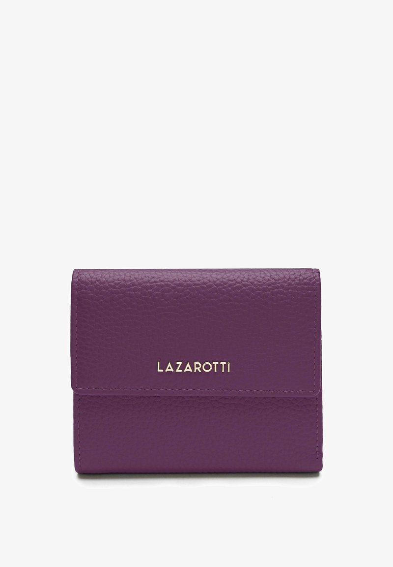 Portafoglio in pelle viola con texture a granuli, dotato di un logo dorato "Lazarotti" sulla parte anteriore e una chiusura a scatto.