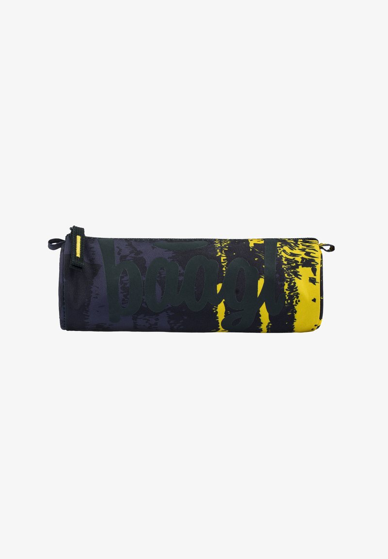 Design della borsa a forma di cilindro in nero, giallo e viola con una finitura testurizzata; presenta una scritta "baagl" in caratteri audaci e una chiusura con zip.