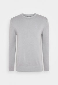 Helles graues Strickpullover mit Rundhalsausschnitt, langen Ärmeln, gerippten Bündchen und Saum, mit einem dezenten Logo-Detail auf der Brust.