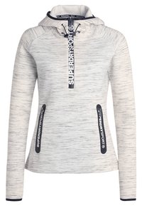 Sweat à capuche de sport gris clair avec cordons noirs et logos verticaux Superdry Sport sur la fermeture éclair et les poches latérales.