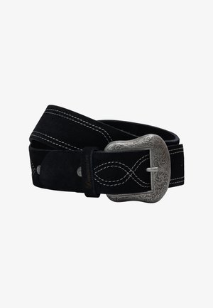 Ceinture en suede noir avec des coutures blanches et une boucle en argent ornée d'un motif floral.