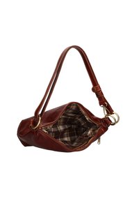 Borsa a tracolla in pelle marrone con chiusura a zip e rivestimento interno in tessuto a quadri. Presenta dettagli in metallo dorato.