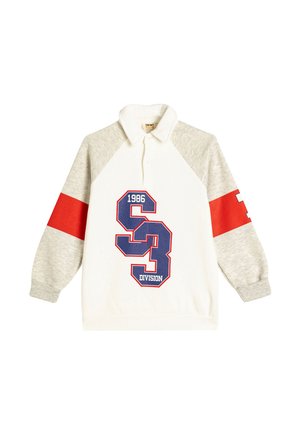 Witte en grijze lange mouwen polo-shirt met rode mouwaccent, voorzien van een grote blauwe nummer "3" en de tekst "1986 DIVISION" gedrukt op de voorkant.