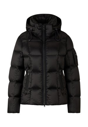 Black padded jacket with a high collar and adjustable hood. Features horizontal quilted design, two side pockets, and a zippered arm pocket.