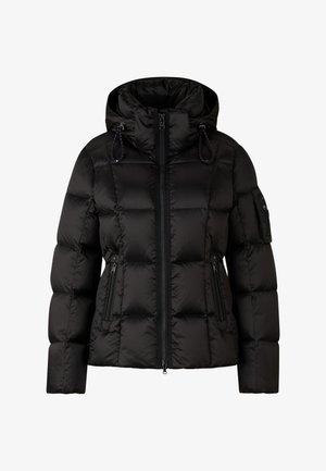 Schwarze gepolsterte Jacke mit hohem Kragen und verstellbarer Kapuze. Verfügt über ein horizontal gestepptes Design, zwei Seitentaschen und eine mit Reißverschluss versehenen Armtasche.