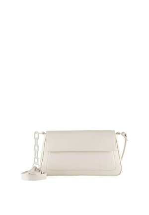 Cream faux leather crossbody bag with a flap closure, featuring a detachable chain strap and minimalist design. Smooth texture and clean lines.