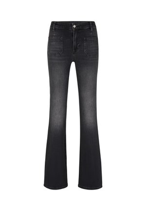 Zwarte flared jeans van denim, met een vier-pocket ontwerp, knoopsluiting aan de voorkant en subtiele vervaging langs de benen.