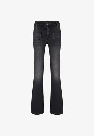 Schwarze ausgestellte Jeans aus Denim, mit einem Vier-Taschen-Design, vorderem Knopfverschluss und dezentem Verblassen entlang der Beine.