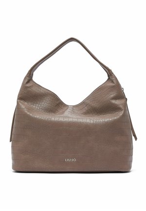 Braune Lederhandtasche mit Krokodilstruktur, einem einzelnen Griff und goldenem LIU JO-Logo vorne in der Mitte.