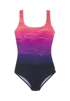 Einteiliger Badeanzug mit breiten Trägern, der einen Farbverlauf von Korallenpink oben bis Dunkelviolett und Schwarz unten zeigt.