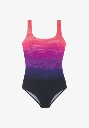 Einteiliger Badeanzug mit breiten Trägern, der einen Farbverlauf von Korallenpink oben bis Dunkelviolett und Schwarz unten zeigt.