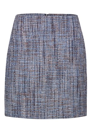Blauer und brauner Tweed-Rock mit strukturiertem Muster, geradem Design und einem Reißverschluss hinten. Überknielange.