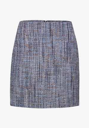Blauwe en bruine tweed rok met een gestructureerd patroon, rechte snit en een rits aan de achterkant. Lengte boven de knie.