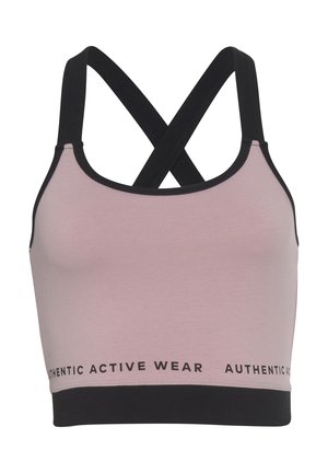 Activewear sports bra in light pink with black straps and trim. Features an X-back design and black band with "AUTHENTIC ACTIVE WEAR" text.