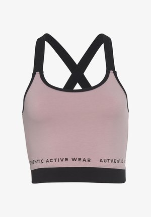 Aktive Sport-BH in Hellrosa mit schwarzen Trägern und Besatz. Verfügt über ein X-Back-Design und einen schwarzen Gummibund mit dem Text "AUTHENTIC ACTIVE WEAR".