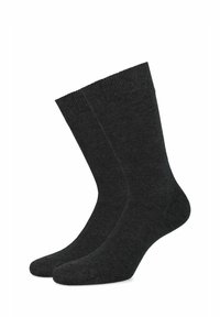 Ciemnoszare skarpetki z żebrowanym ściągaczem i gładką teksturą. Zaprojektowane o standardowej długości i zaokrąglonym palcu dla wygody.