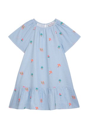 Hellblaues, gestreiftes Kleid mit kurzen Ärmeln, verziert mit bunten Stickereien von Palmen, Flip-Flops und Wassermelonen. Gestuftes, gerafftes Saumende.