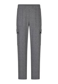 Grijze cargobroek met een textuurpatroon, voorzien van zijzakken en knoopsluitingen. Rechtoe rechtaan pijpdesign met een elastische tailleband.