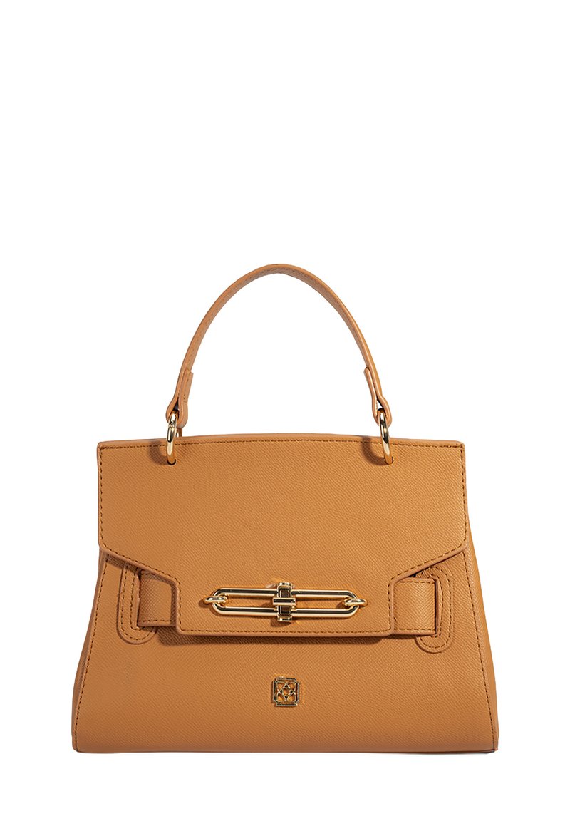 Hellbraune Lederhandtasche mit strukturiertem Design, Obergriff und goldfarbenen Beschlägen. Verfügt über eine Klappverschluss und ein geprägtes Logodetail.