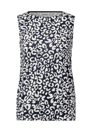 Halenka bez rukávů v námořnické modři s bílým leopardím potiskem. Má kulatý výstřih a hladkou, jemnou texturu látky.