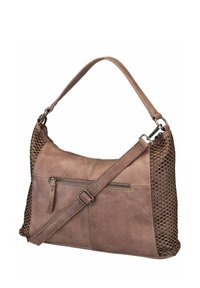 Borsa in pelle marrone con superficie texturizzata, dotata di un lato perforato, una tasca anteriore con zip e una tracolla regolabile.