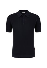 Korte mouw navy polo shirt gemaakt van gestructureerde gebreide stof. Bevat een drieknops sluiting en een contrasterende kraag. Subtiel merklabel aan de zoom.