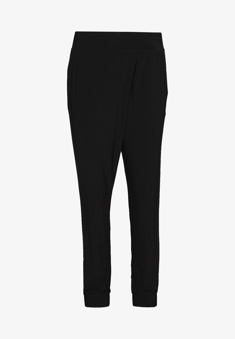 Pantalon noir fuselé avec une taille élastique et des chevilles retroussées, avec un détail de couture à l'avant.
