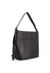 Black leather shoulder bag with a braided accent along the side, flat front pockets, and an adjustable strap. Smooth texture, minimalistic design.