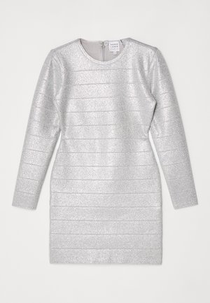 Silver long-sleeve dress with a round neckline, featuring a textured metallic sheen and horizontal stripe pattern. Back zipper closure.