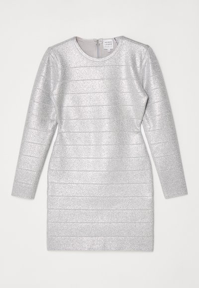 Silver long-sleeve dress with a round neckline, featuring a textured metallic sheen and horizontal stripe pattern. Back zipper closure.