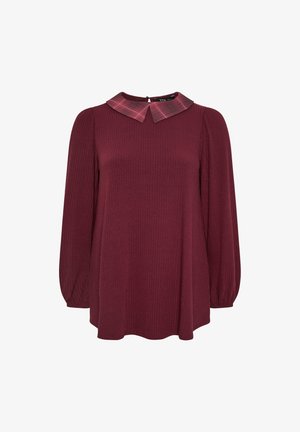 Blusa de manga larga de canalé burdeos con mangas abullonadas y un cuello puntiagudo de cuadro rosa, cierre de botones en la parte posterior.