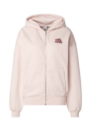 Felpa con cappuccio rosa chiaro con zip, realizzata in tessuto morbido e strutturato. Presenta una tasca frontale e il logo "Salt & Olives" in rosso scuro sul petto a sinistra.