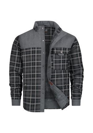Grijze en zwarte flanellen shirt met ruitpatroon, knoopsluiting, één borstzak en zachte voering. Heeft een contrasterend grijs schoudergedeelte.