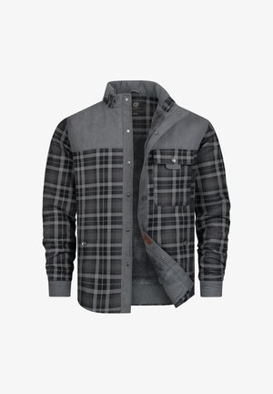 Camicia di flanella grigia e nera con motivo a quadri, chiusura a bottoni, una tasca sul petto e rivestimento morbido. Presenta una sezione spalla grigia a contrasto.