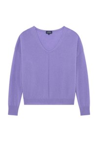 Lila V-ringad stickad tröja med långa ärmar, ribbade muddar och nederdel. Har en enkel, strukturerad yta och en avslappnad passform.