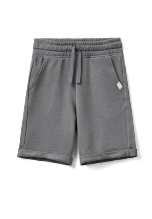 Grå afslappede shorts med elastisk talje, snøre, sidelommer og foldede kanter, lagt fladt på en hvid baggrund.