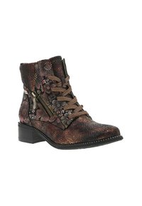 Bottines en imprimé floral texturé sombre avec lacets marron, fermeture éclair latérale et un petit talon. Caractéristiques de broderies multicolores.