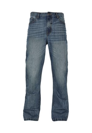 Jeans aus Denim in Mittelblau mit einem verblassten Finish, ausgestattet mit einem geraden Bein, fünf Taschen und kontrastierenden Nähten.