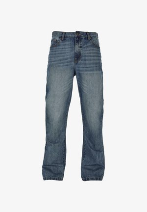 Denim jeans in medium blue with a faded finish, featuring a straight leg design, five-pocket detailing, and contrast stitching.