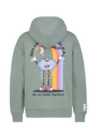 Groene katoenen hoodie met een afbeelding van een lachende wolk met een bliksemschicht en een regenboog. Tekst leest: "Wie kan het weer veranderen? Wij zijn samen gelukkig!"