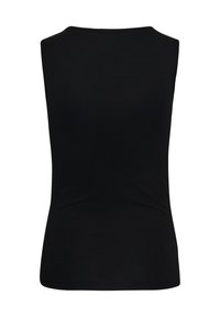 Haut noir ajusté sans manches avec un col montant et un tissu lisse, vu de dos sur fond blanc.