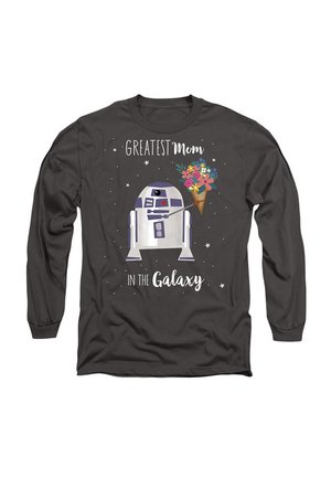 Dunkelgraues Langarmshirt mit einem Grafikdesign eines Droiden, der Blumen in einer Tüte hält, mit dem Text "Die beste Mama der Galaxie" darüber.