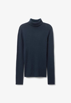 Navy blue turtleneck sweater with a ribbed texture, long sleeves, and a fitted design. Made from soft, warm fabric.