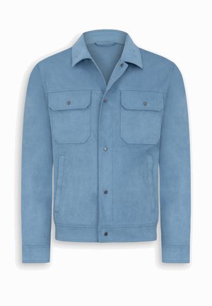 Hellblaue Wildlederjacke mit Knopfverschluss, zwei Brustklappentaschen mit Knöpfen und Seitenschlitz-Taschen, mit klassischem Kragen.