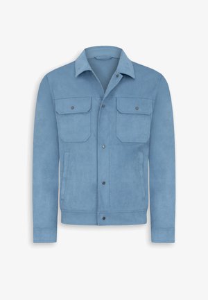 Giacca in pelle scamosciata azzurro chiaro con chiusura a bottoni, due tasche con patta e bottone sul petto e tasche laterali con apertura a fessura, con colletto classico.