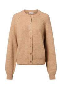 Beige gebreide cardigan met een ronde halslijn, sluiting met knopen aan de voorkant, geribbelde manchetten en een licht oversized pasvorm. Zachte textuur met een gemêleerd patroon.